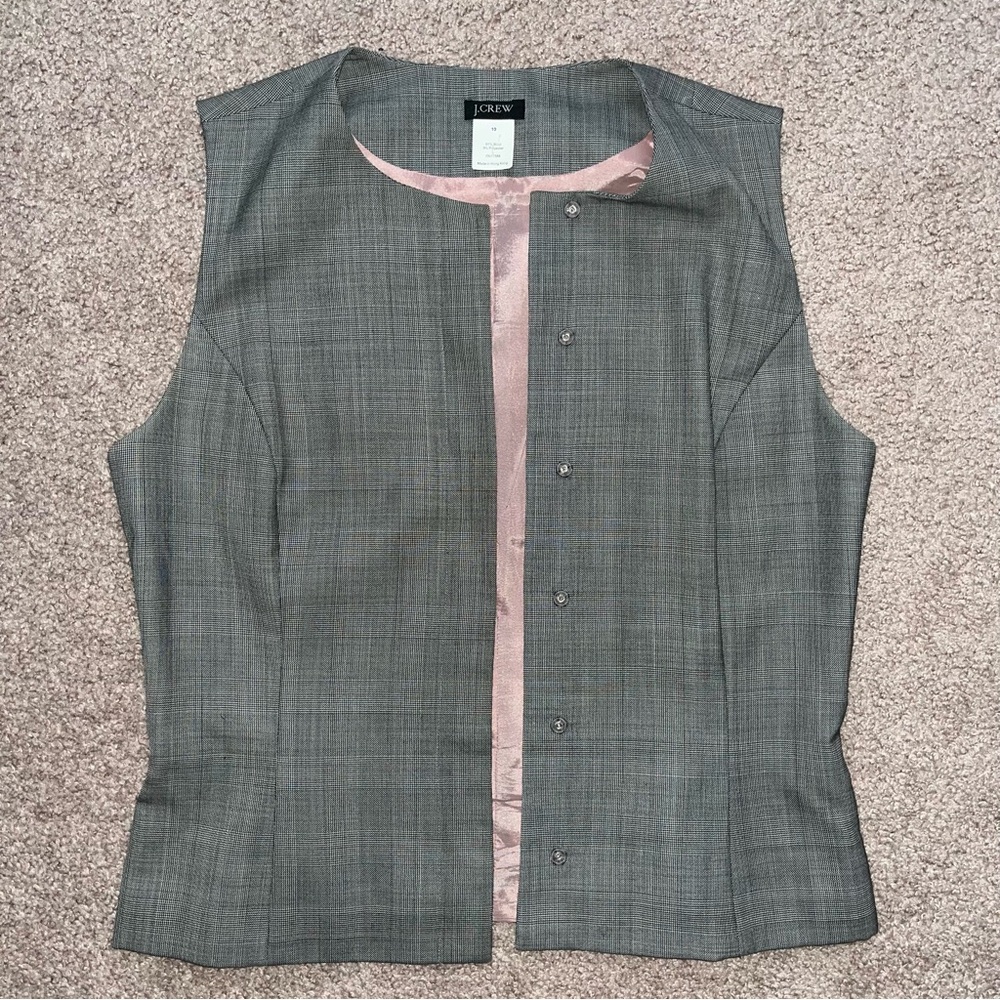 J. Crew Button-Up Gray Plaid Wool Vest Womens Size 10 Old Money Office Siren